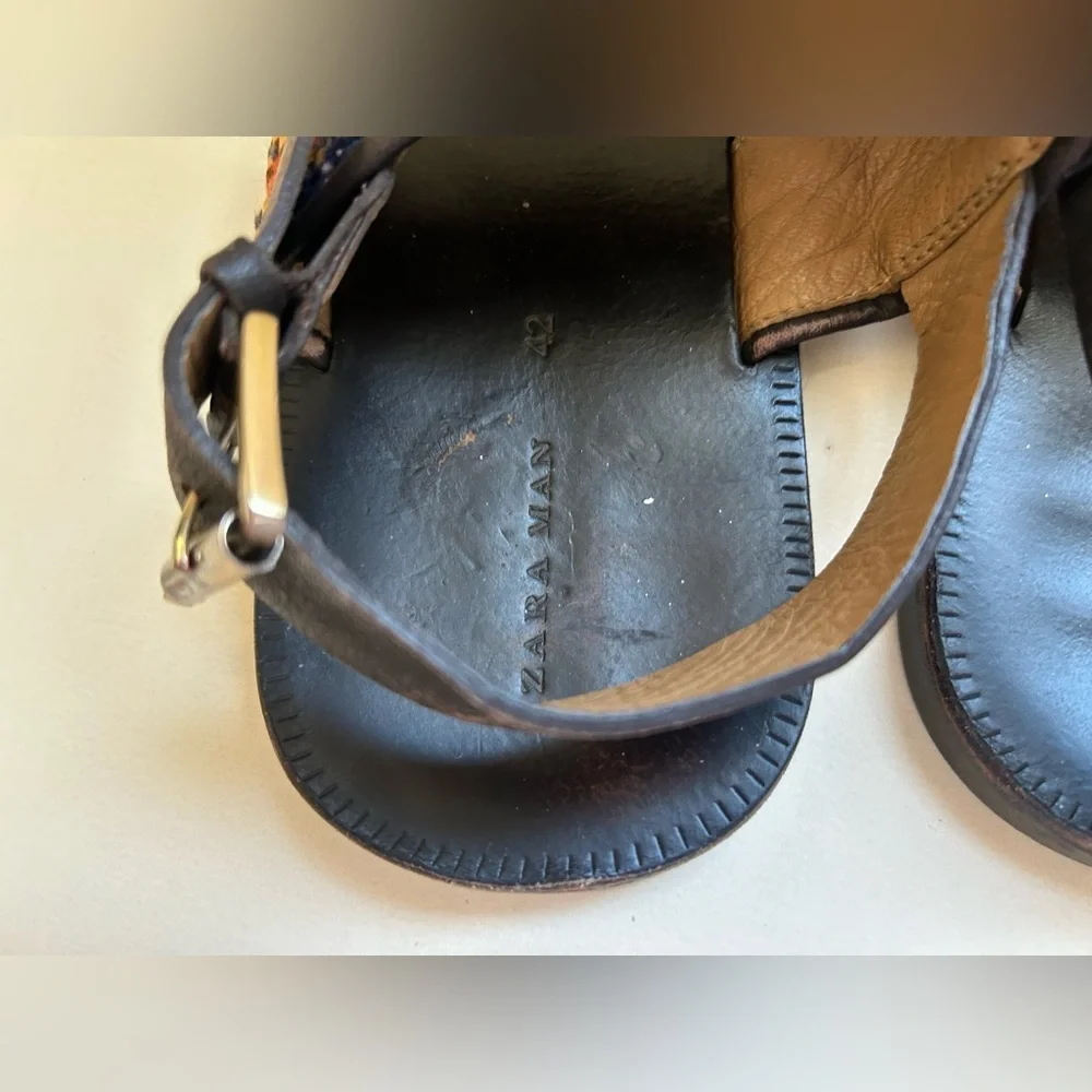 Zara Black Leather Sandals with Tan, Red & Blue Woven Straps